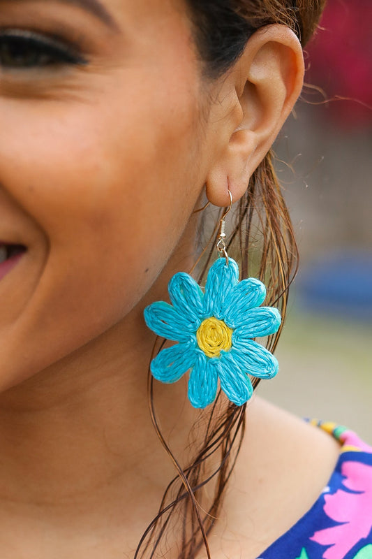 Sky Blue Daisy Flower Straw  Dangle Earrings