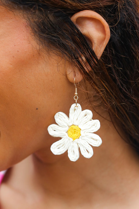 Ivory Daisy Flower Straw  Dangle Earrings