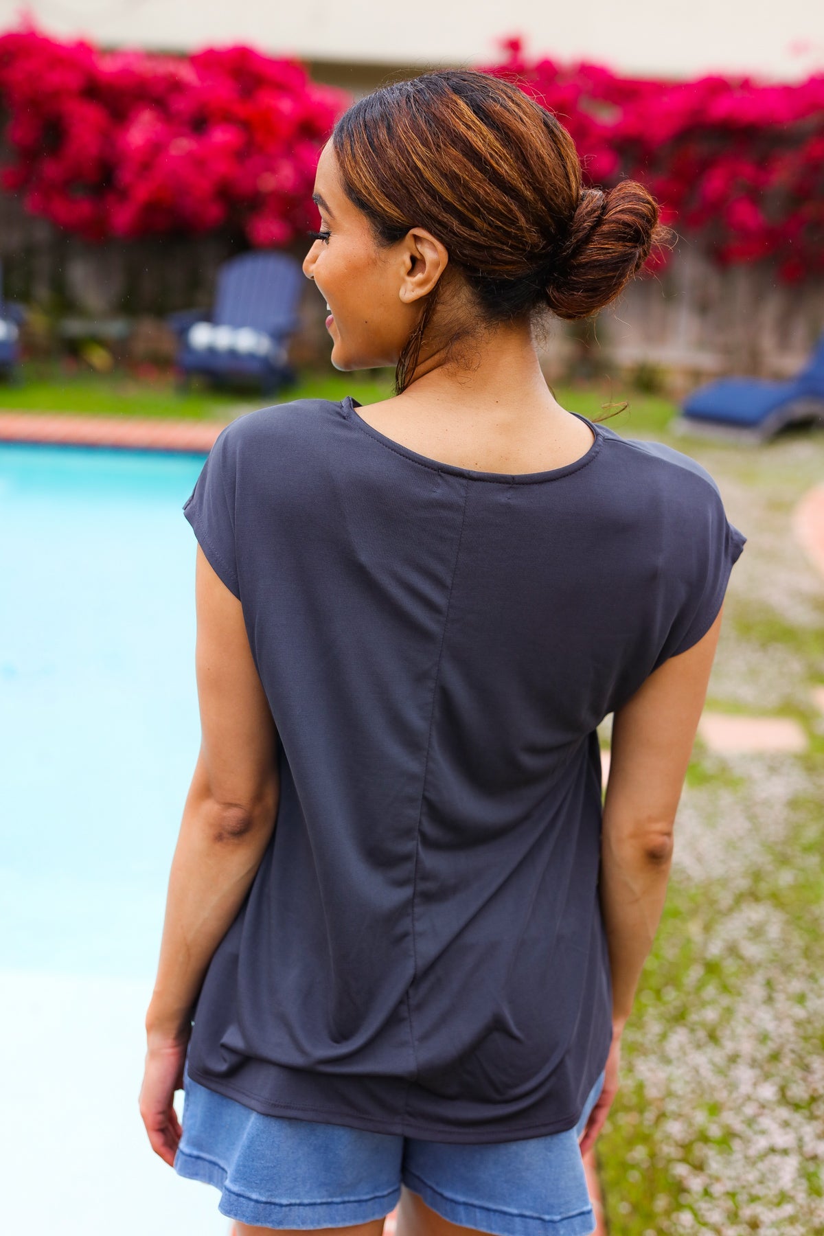 Charming In Charcoal Asymmetrical Shirred Modal Top