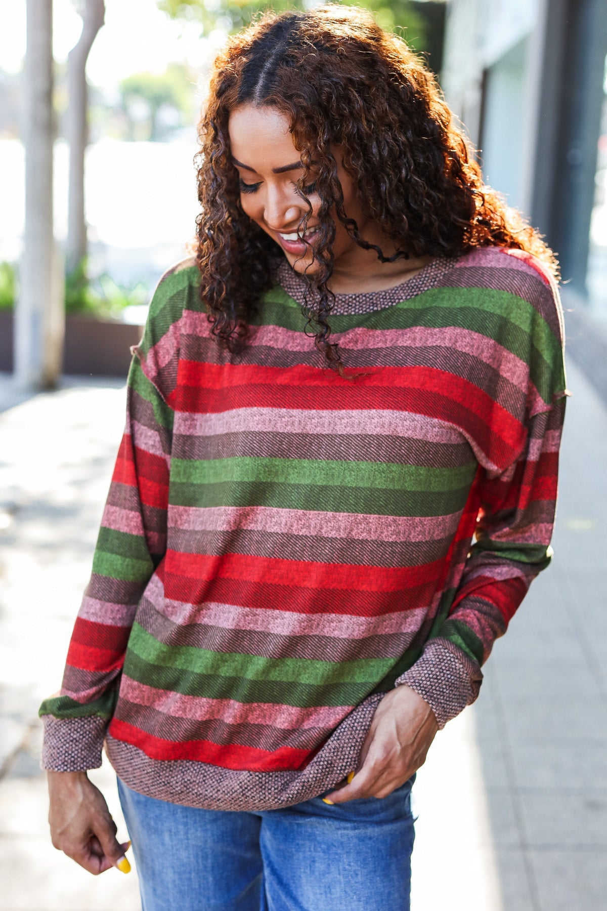 Perfectly You Olive & Mauve Stripe Two-Tone Banded Sweater Top