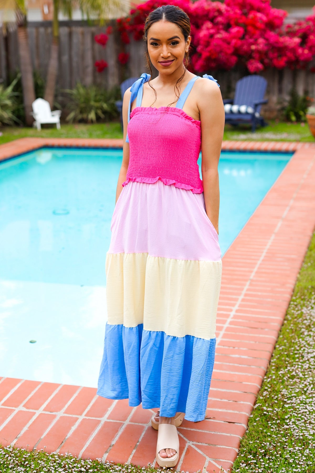 Vacay Vibes Hot Pink & Blue Smocked Color Block Maxi Dress