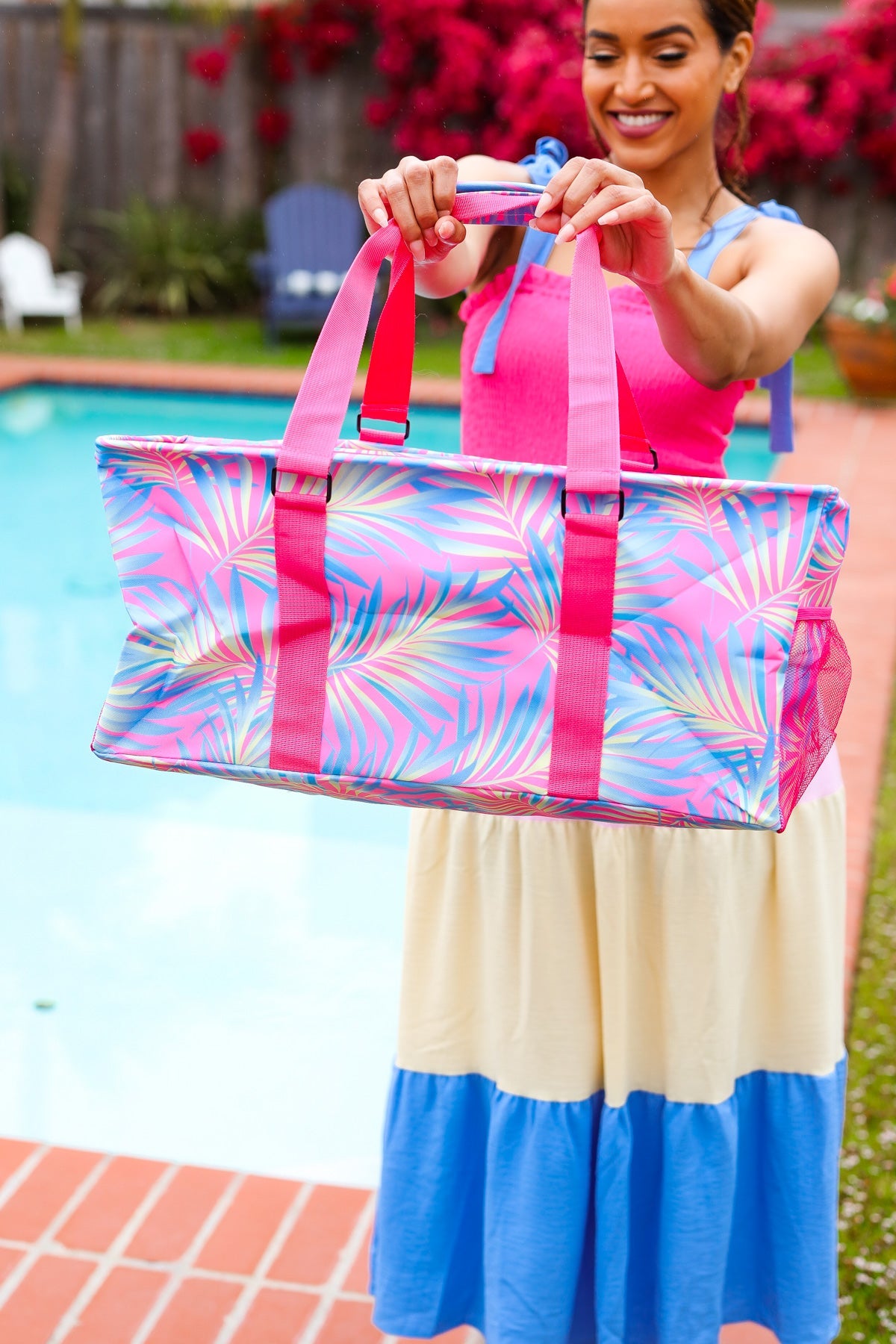Pink & Blue Tropical Print Collapsible Canvas Strap Tote