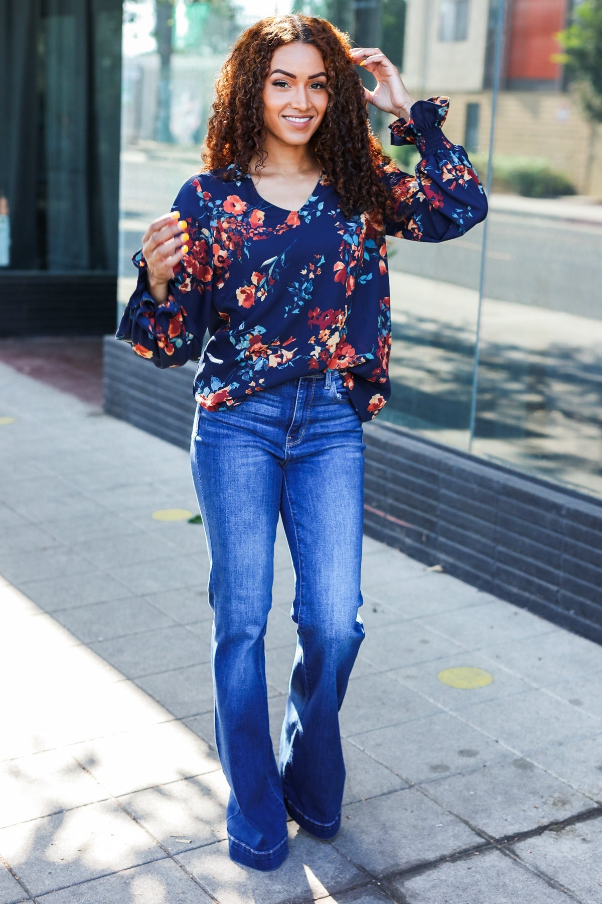 Lovely In Navy Floral Print Smocked Bubble Sleeve Woven Top