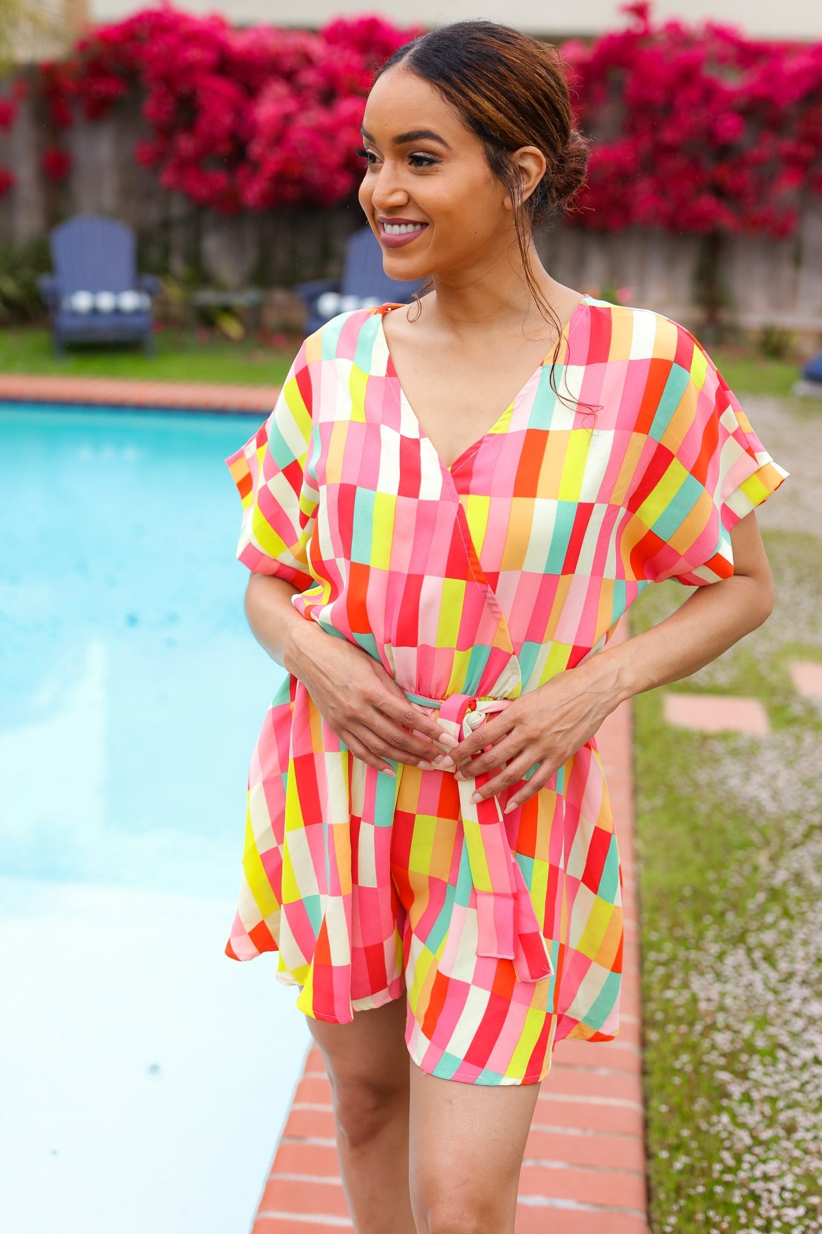 Eyes On You Coral & Yellow Geo Abstract Surplice Woven Romper