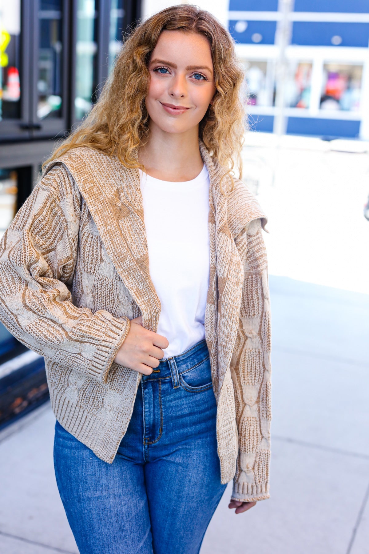 Autumn Vibes Taupe Textured Cable Knit Collared Cardigan