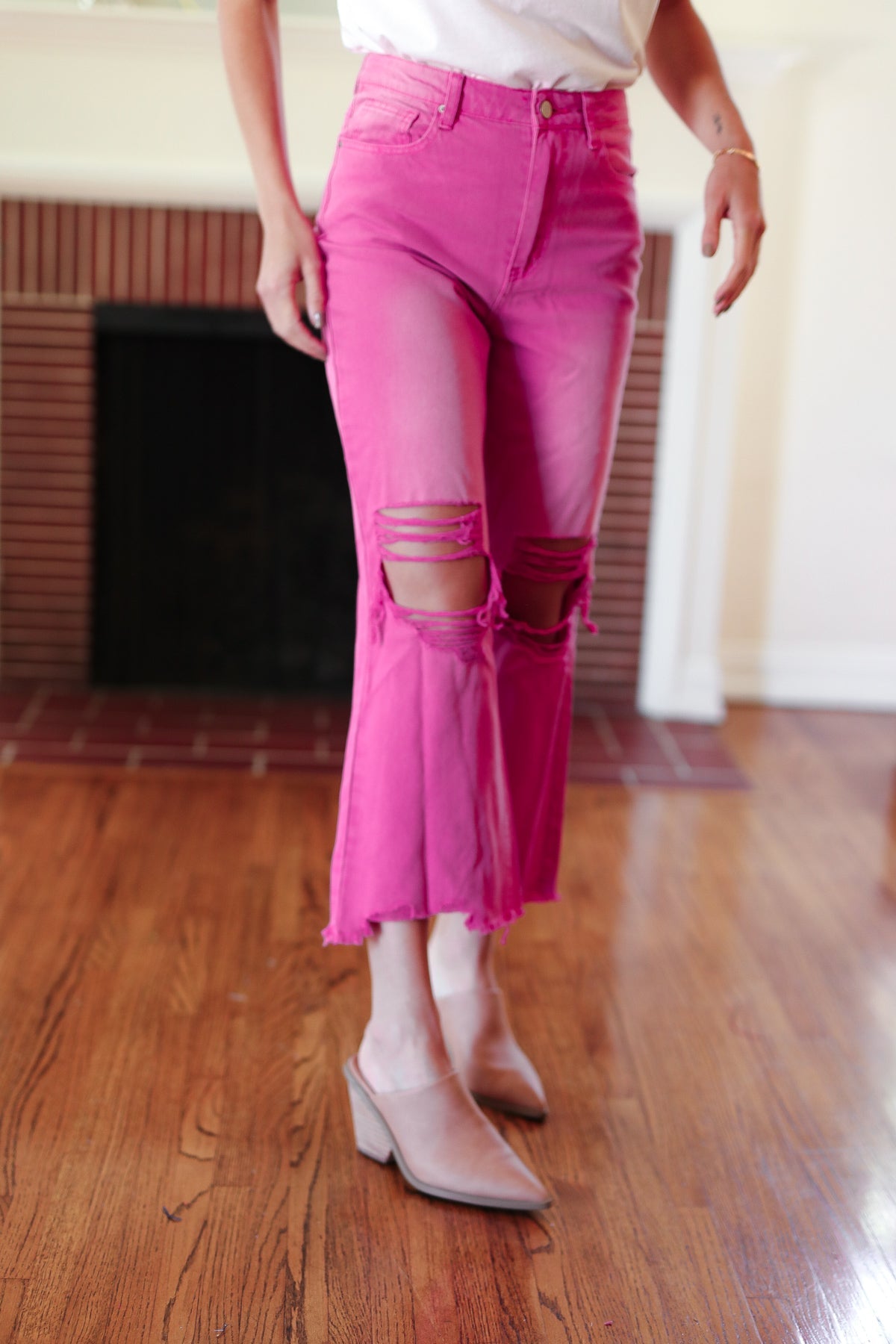 Cut Loose Hot Pink High Rise Washed Distressed Hem & Knee Cropped Pants