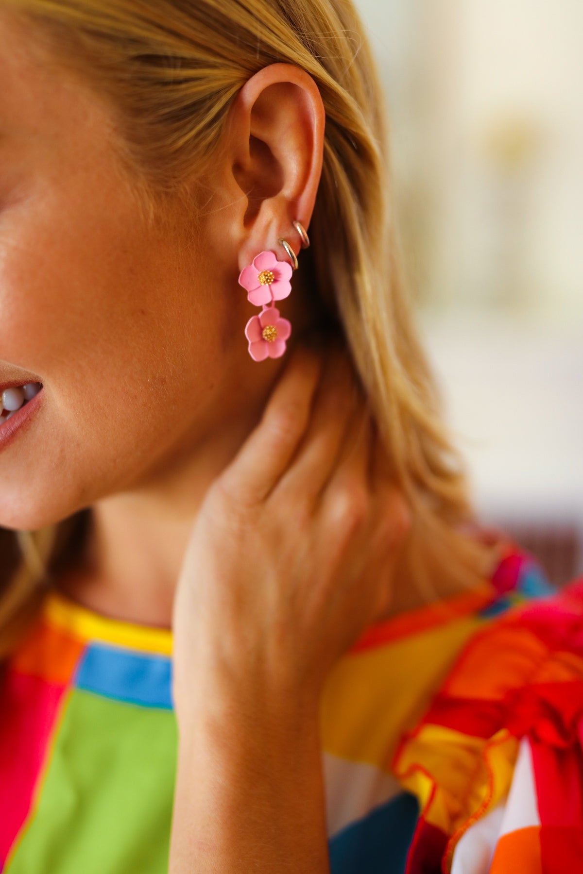 Pastel Pink Tiered Flower Dangle Earrings