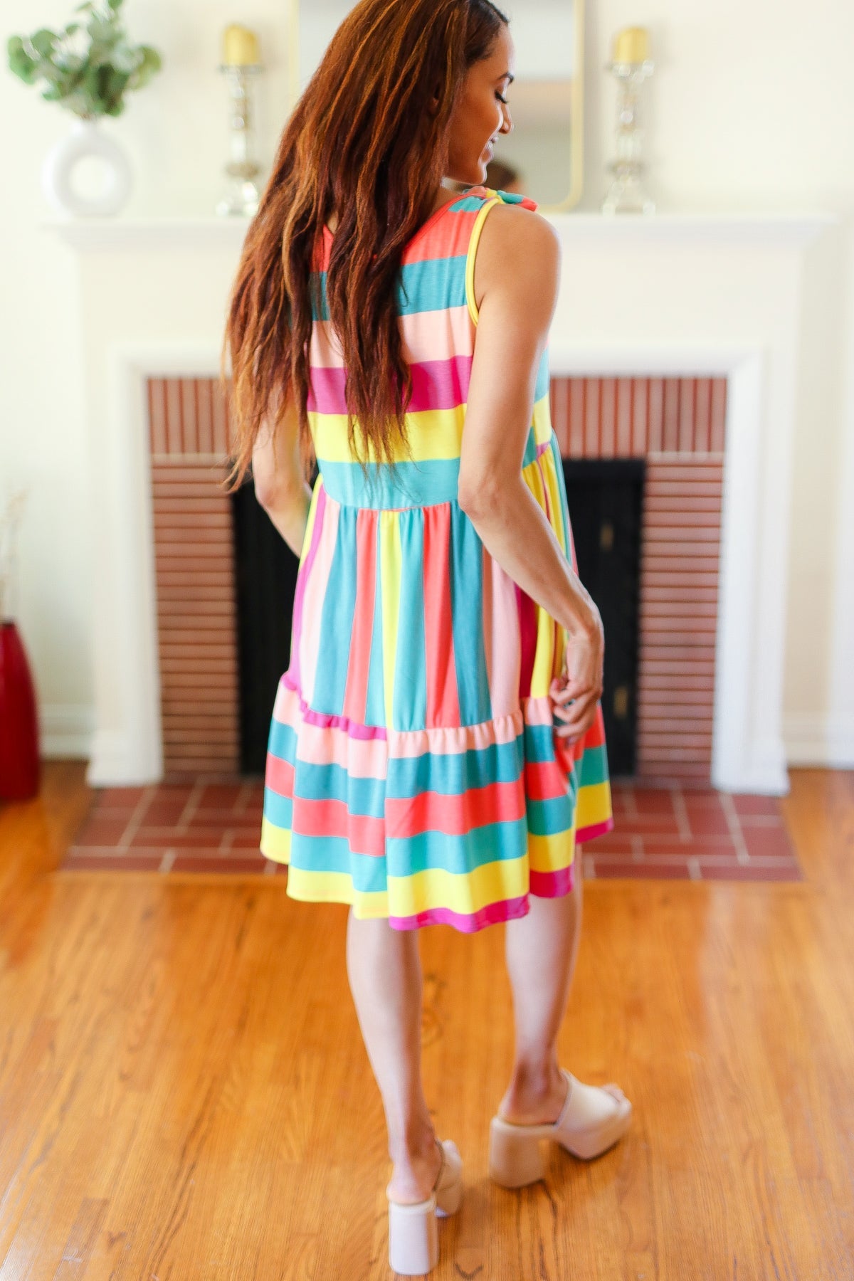 Start The Day Rainbow Stripe Shoulder Tie Tiered Dress