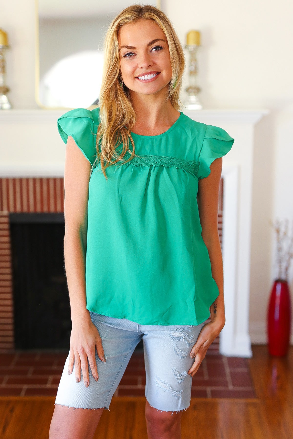 All For You Green Scallop Lace Yoke Tulip Sleeve Top