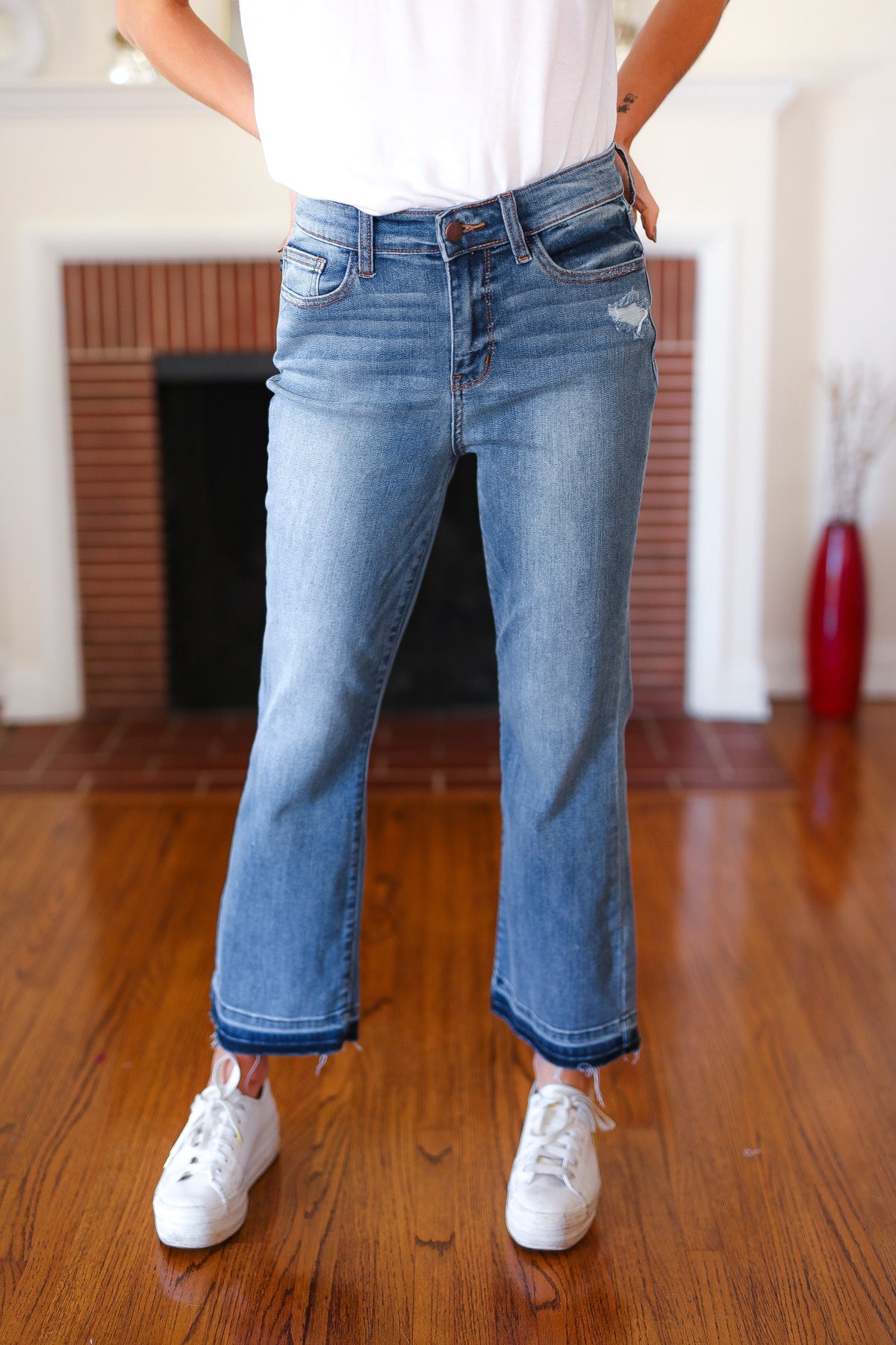 Judy Blue Medium Wash Release Hem Cropped Bootcut Jeans