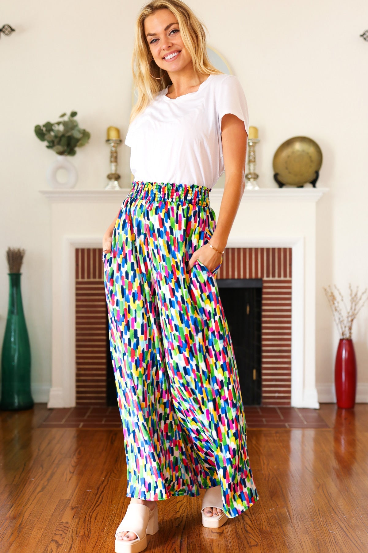 Stand Out Navy & Green Abstract Print Smocked Waist Palazzo Pants