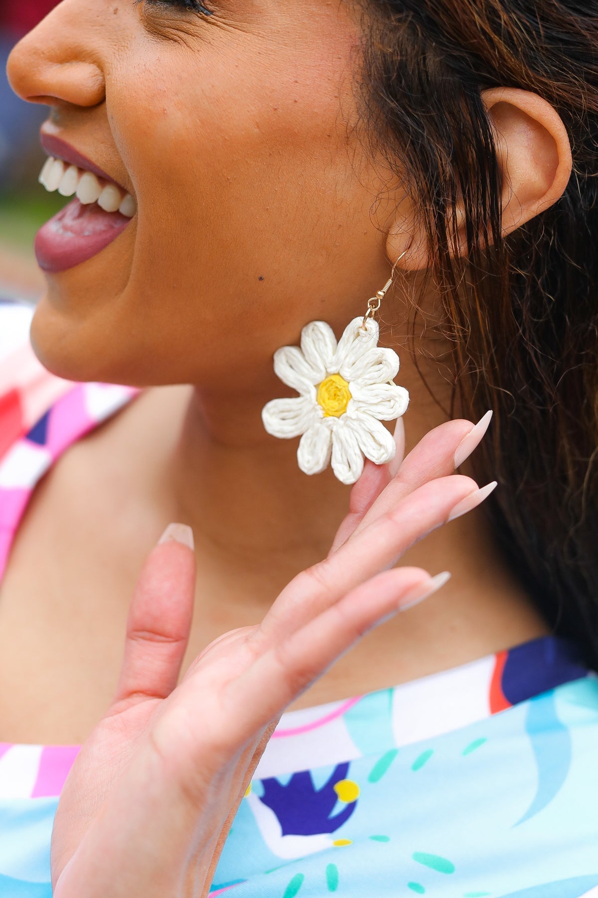 Ivory Daisy Flower Straw  Dangle Earrings