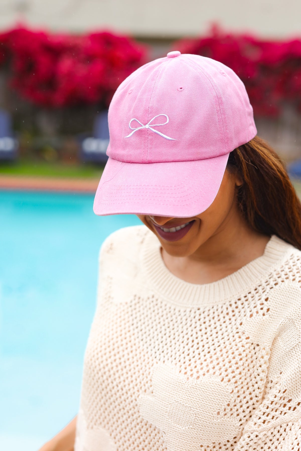 Pink Embroidered Bow Baseball Cap