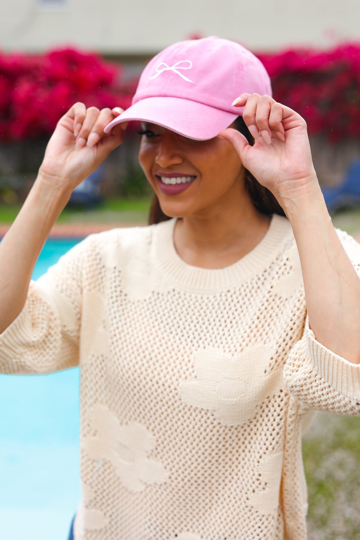 Pink Embroidered Bow Baseball Cap