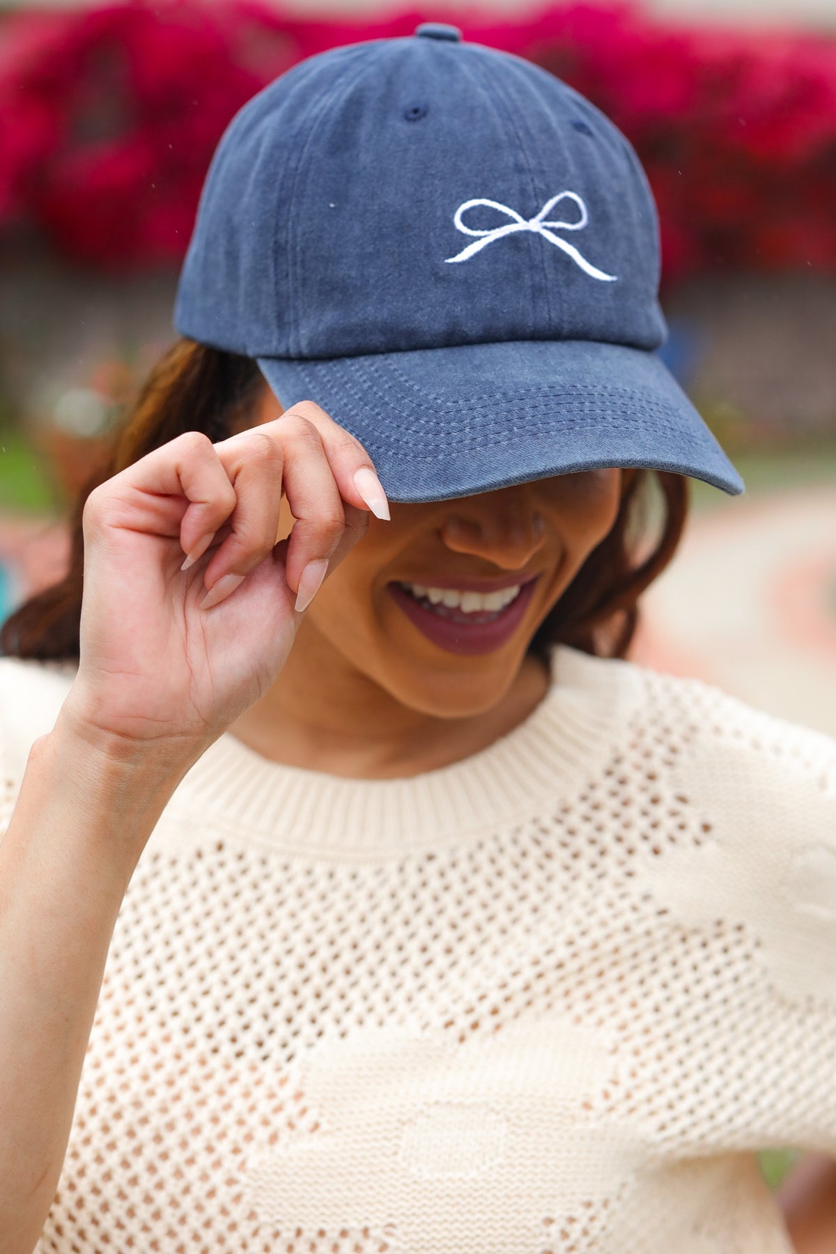 Navy Embroidered Bow Baseball Cap
