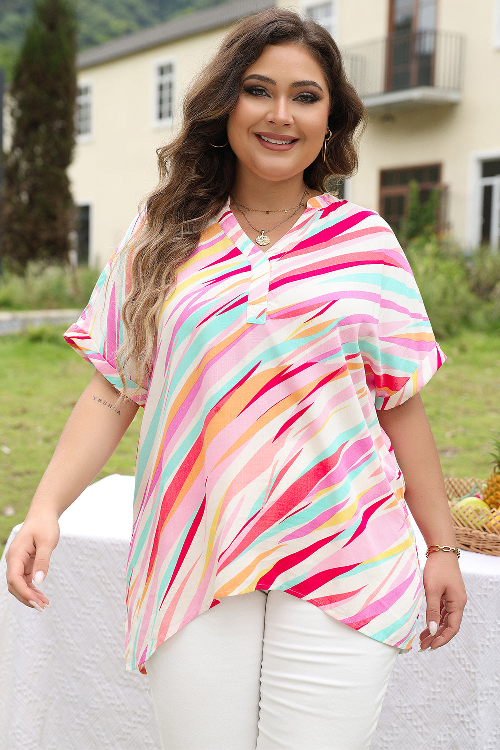 White Abstract Print Short Sleeve Notched Neck Plus Size Top