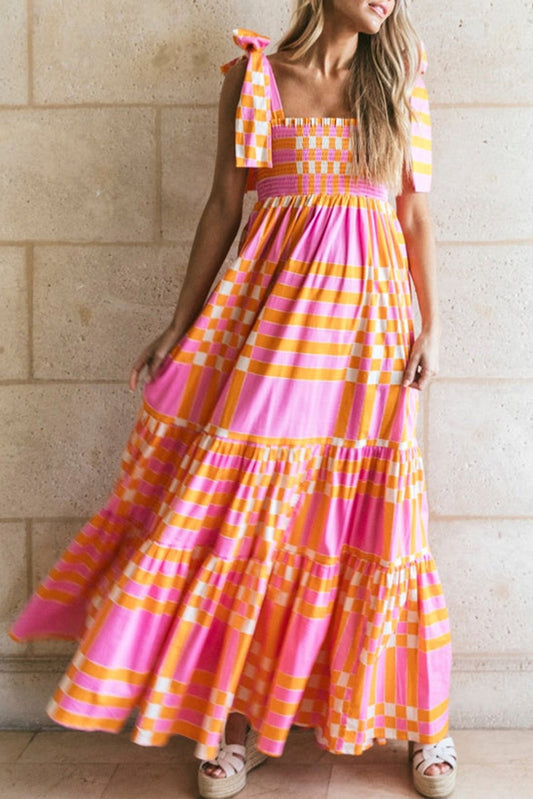 Pink boho gingham tiered straps smocked maxi dress: front view