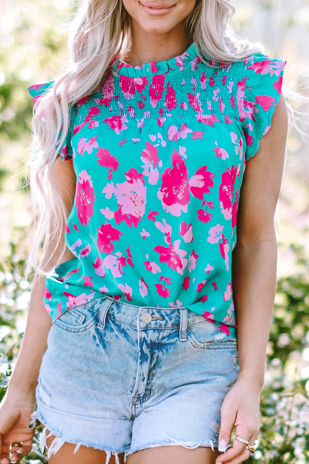 Green floral ruffled sleeve blouse: front