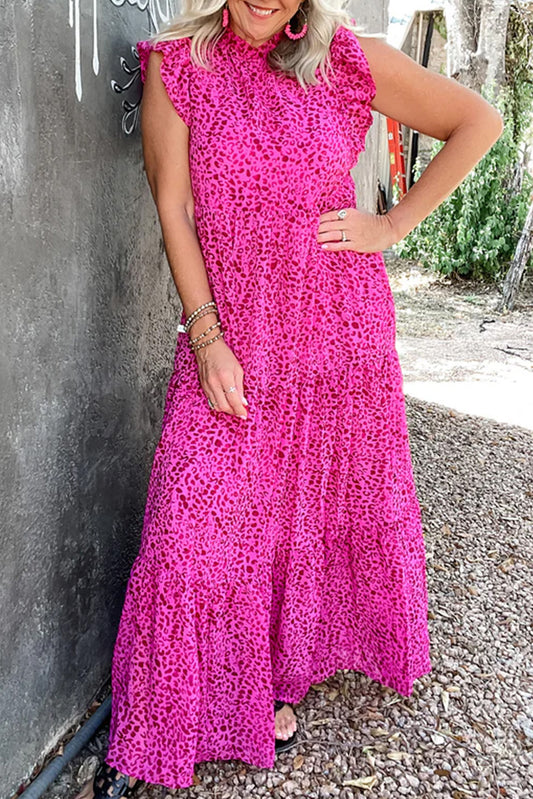 Rose red leopard print maxi dress: front