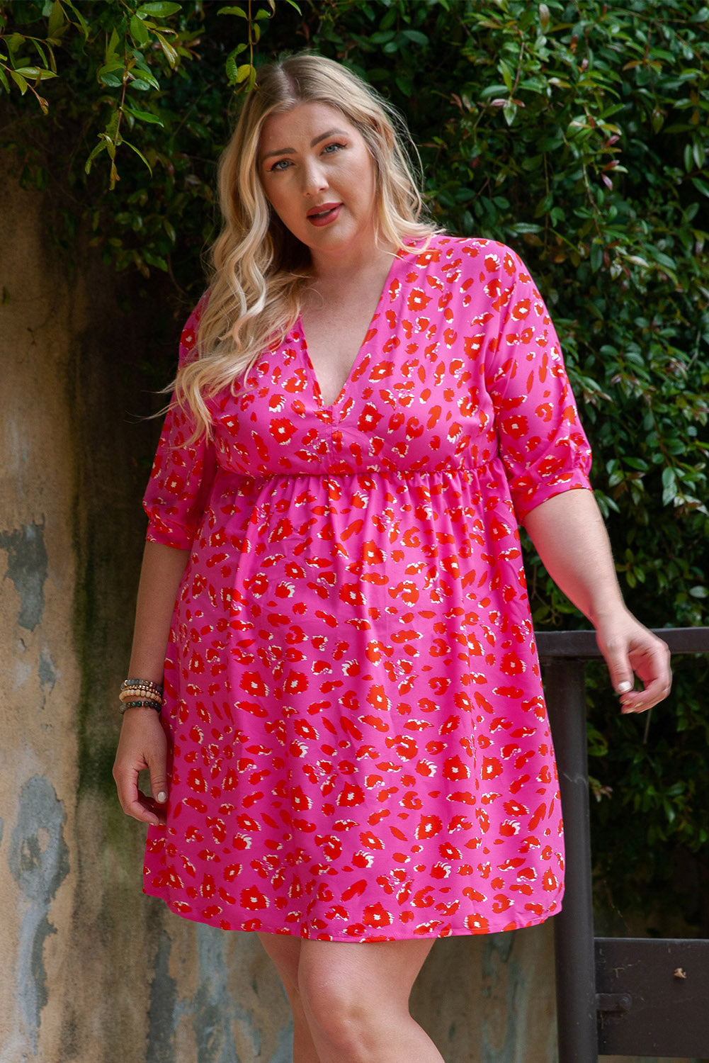 Plus size pink leopard dress: front