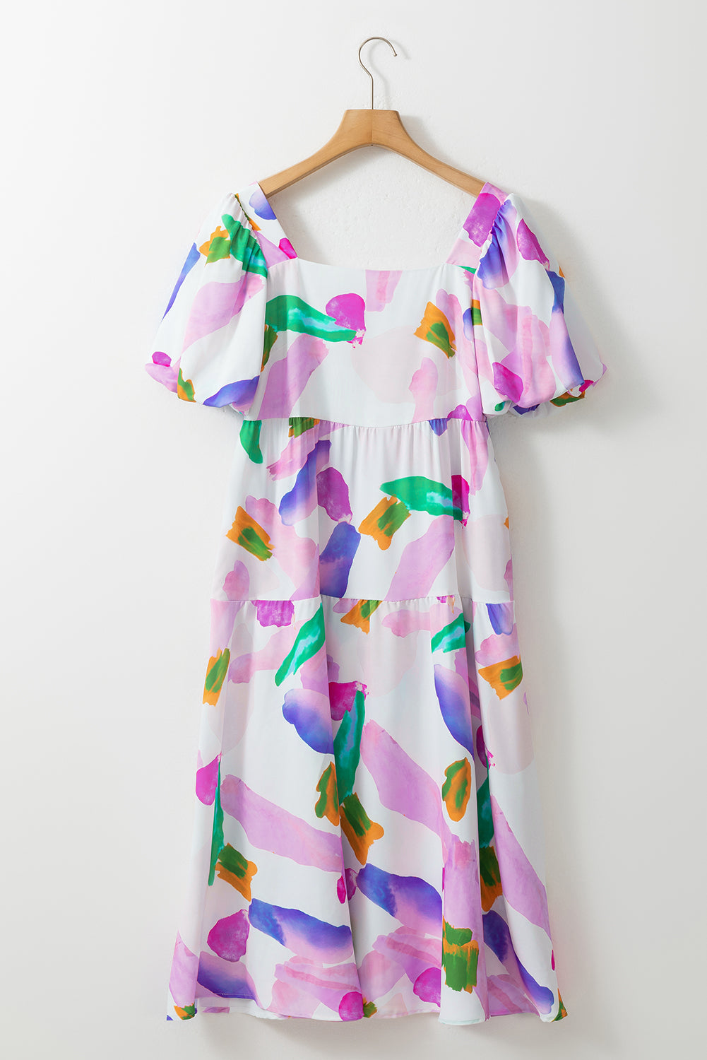 Abstract print puff sleeve midi dress: front