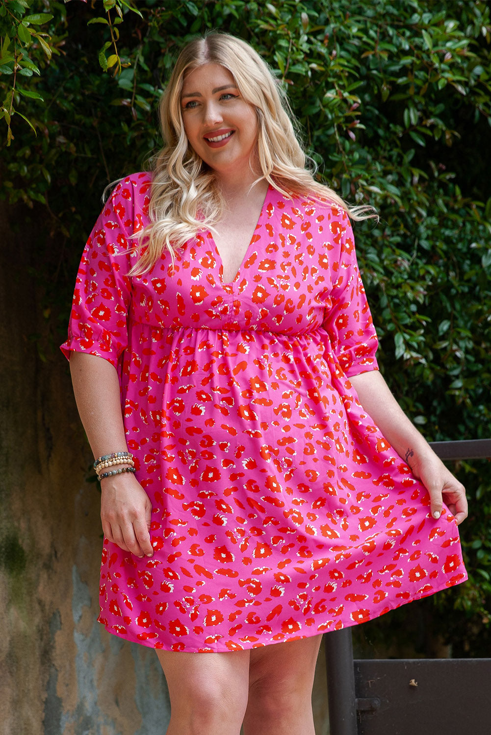 Plus size pink leopard dress: front