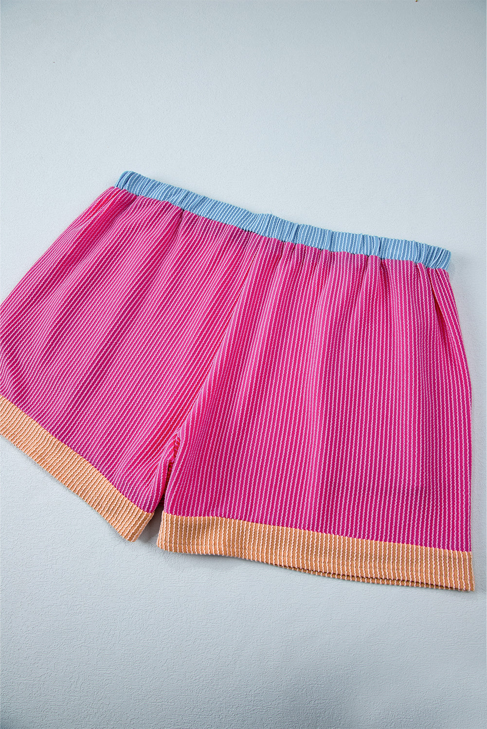 Bright Pink Textured Knit Contrast Trim Plus Shorts Set