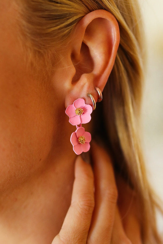 Pastel Pink Tiered Flower Dangle Earrings