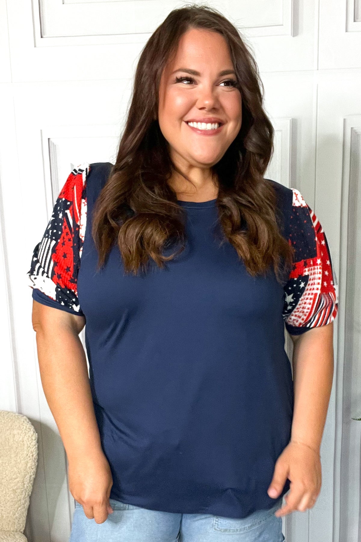 Stand-Out Navy Patriotic Patchwork Puff Sleeve Top