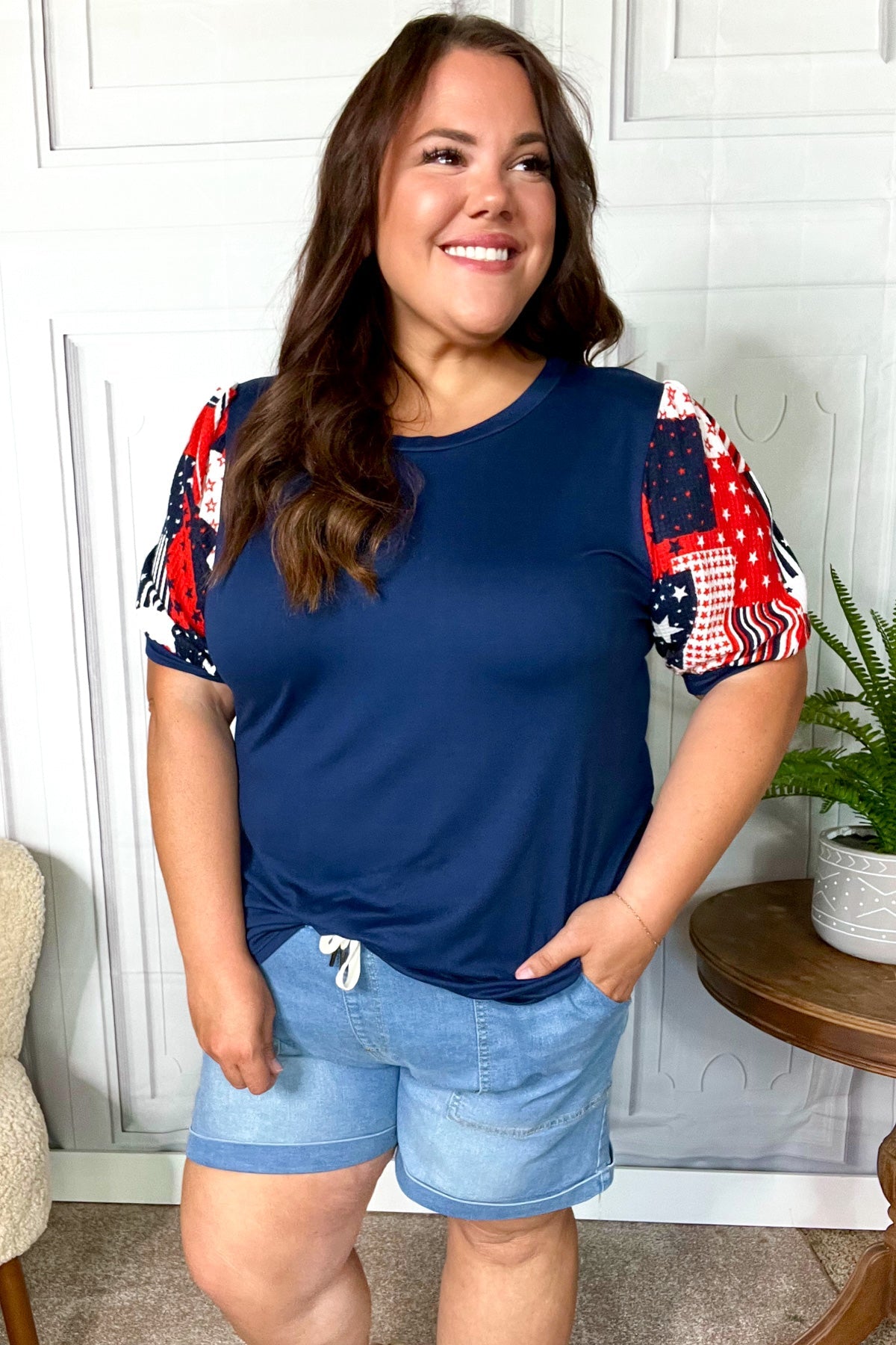 Stand-Out Navy Patriotic Patchwork Puff Sleeve Top