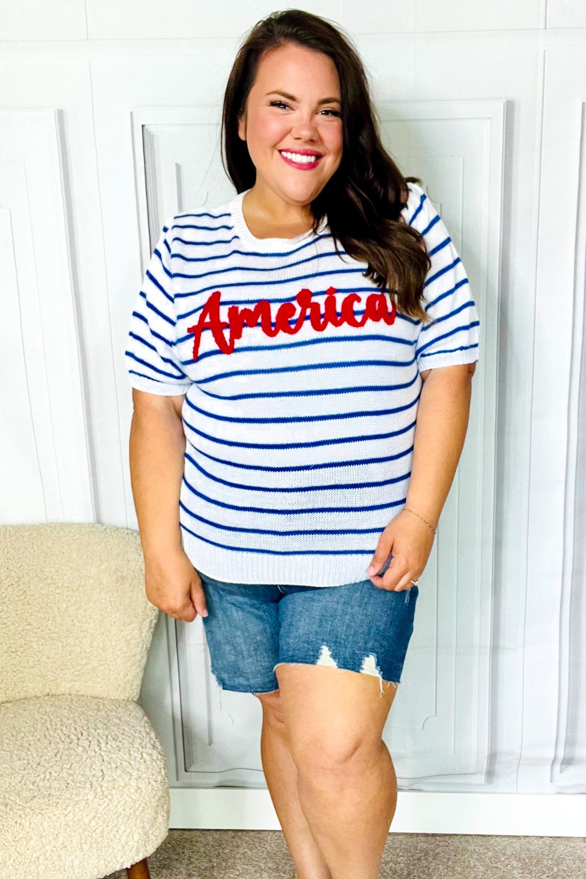 America Proud Blue Striped Embroidered Puff Sleeve Top