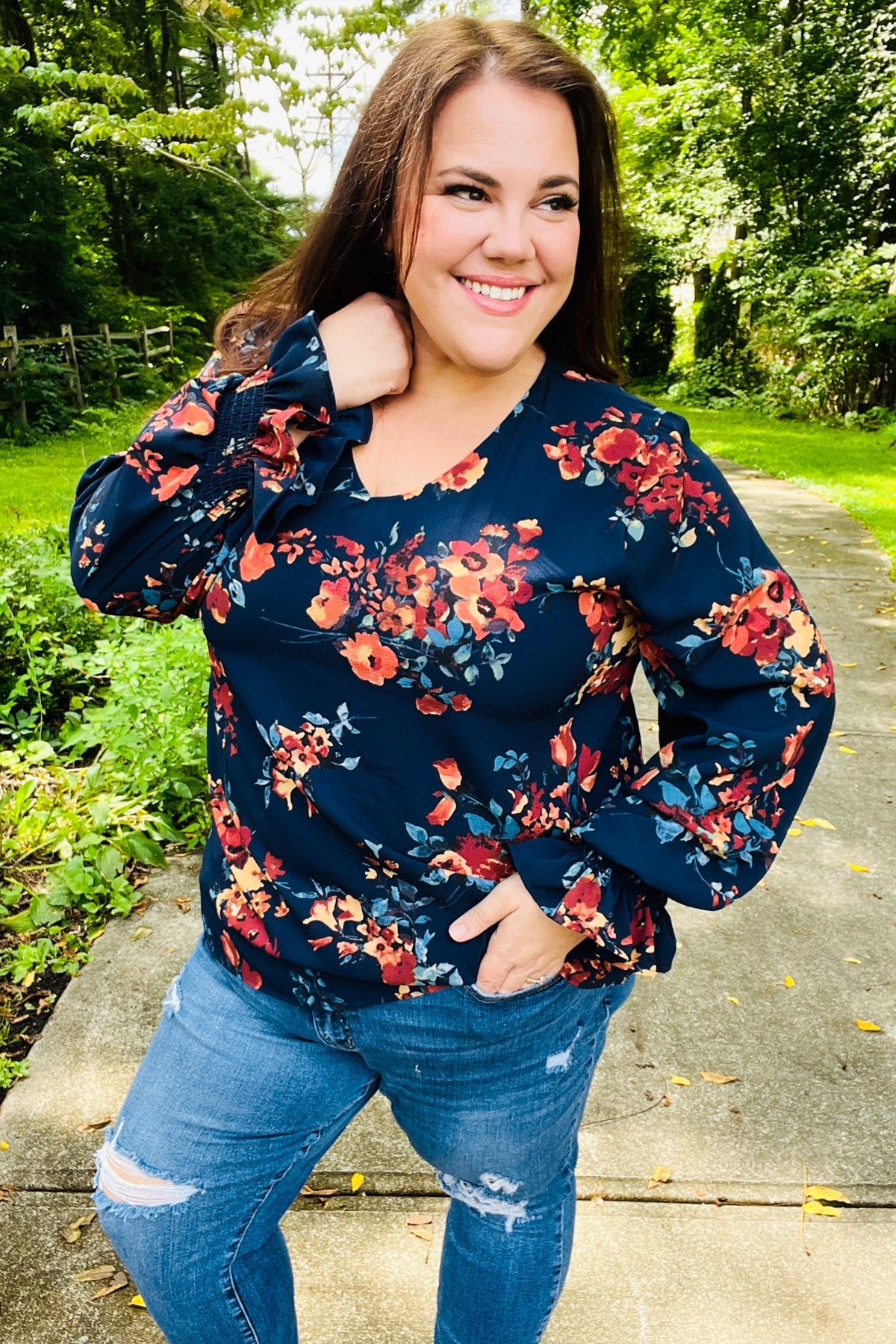 Lovely In Navy Floral Print Smocked Bubble Sleeve Woven Top