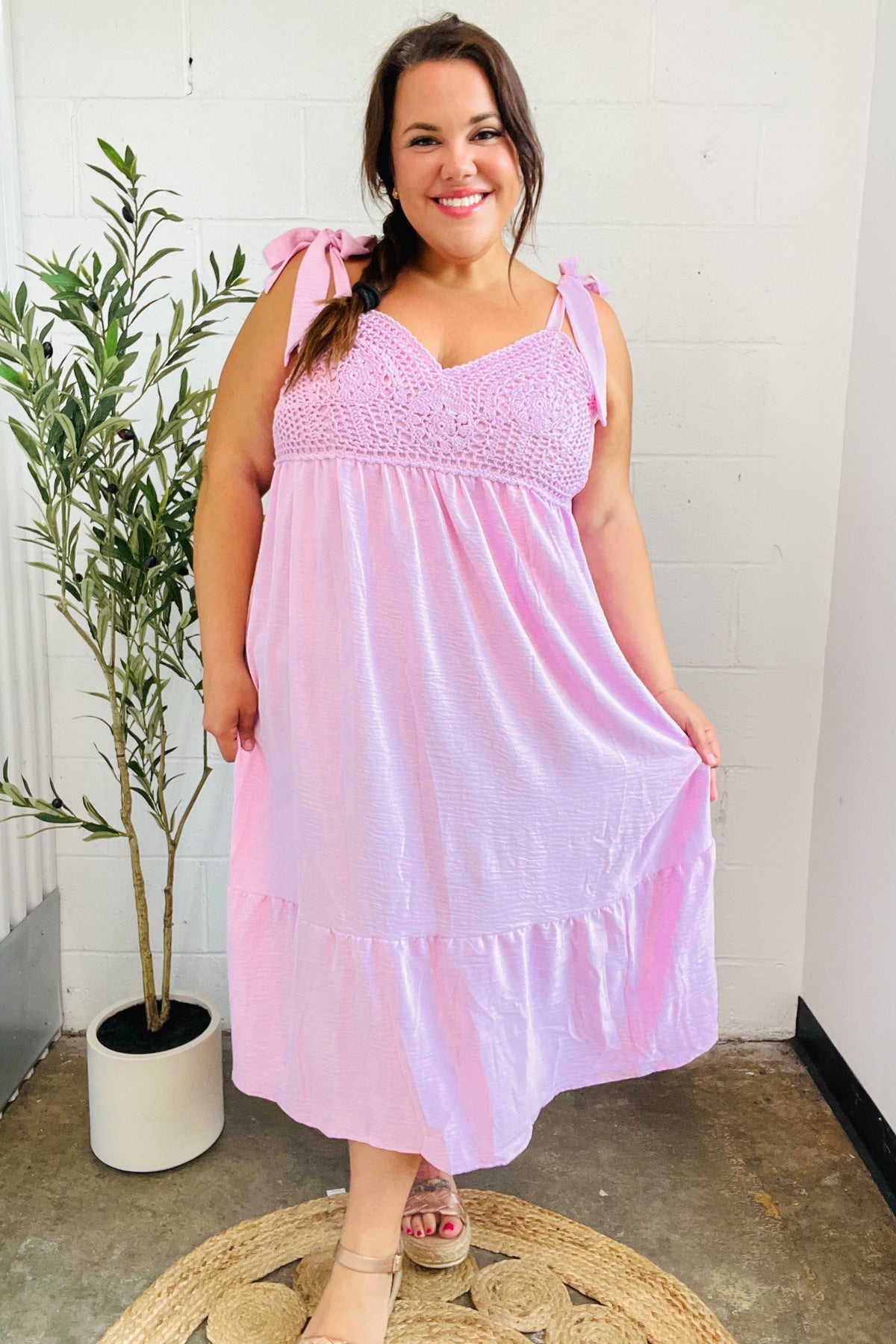 Feeling Your Best Pink Crochet Lace Babydoll Midi Dress