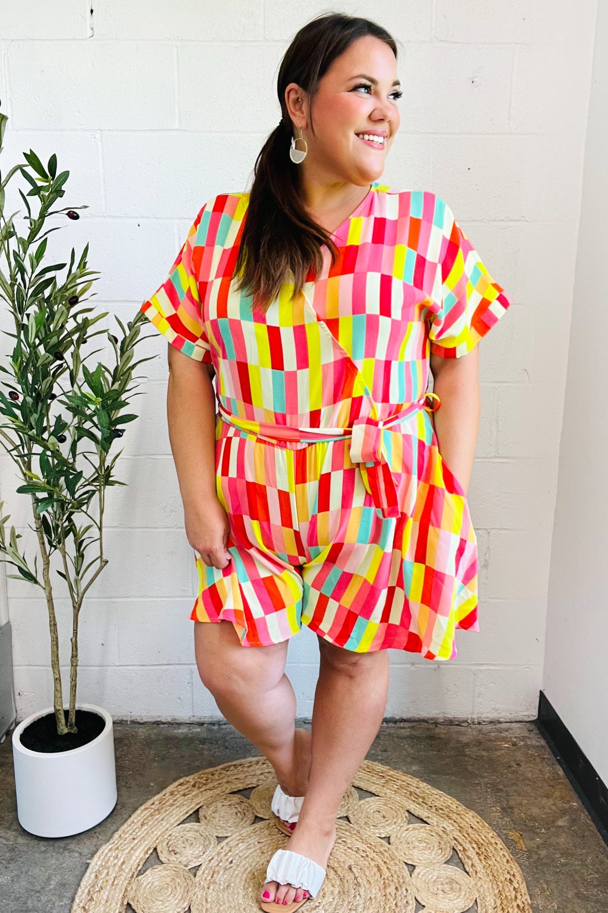 Eyes On You Coral & Yellow Geo Abstract Surplice Woven Romper