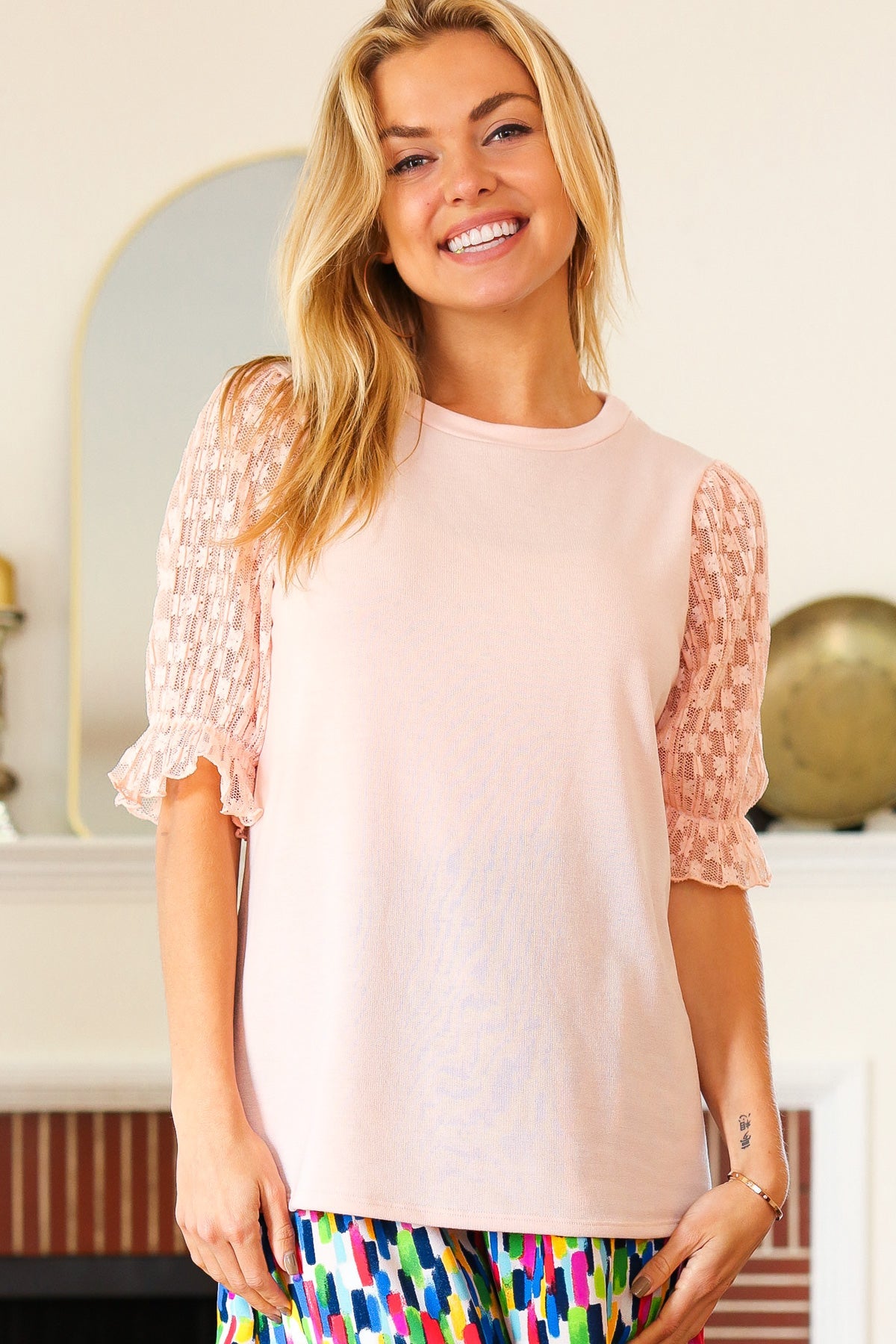 Pretty In Peach French Terry Lace Sleeve Top
