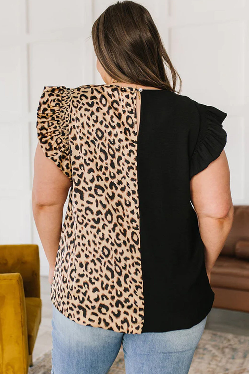 Black leopard flutter sleeve plus size top: back