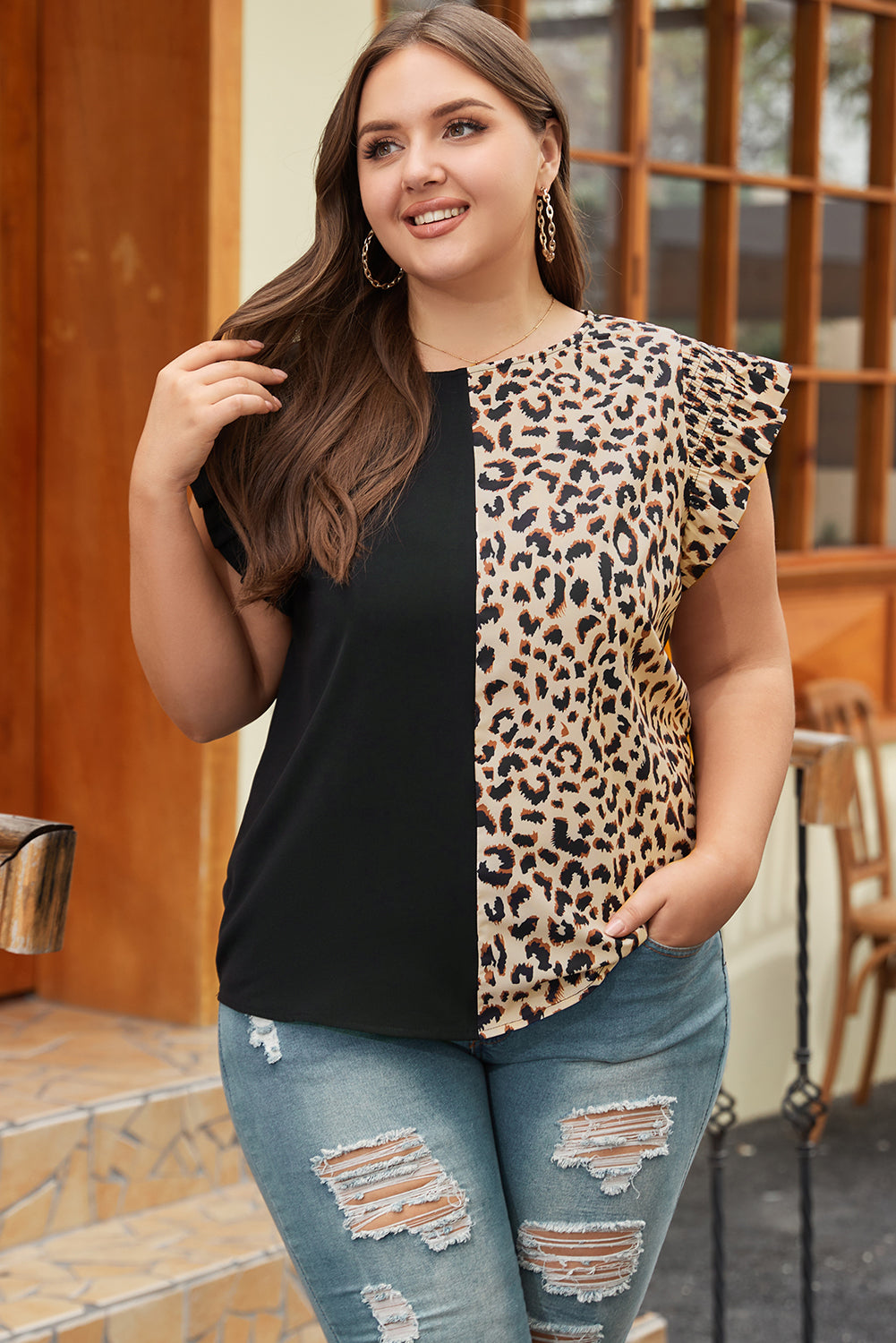 Black leopard flutter sleeve plus size top: front