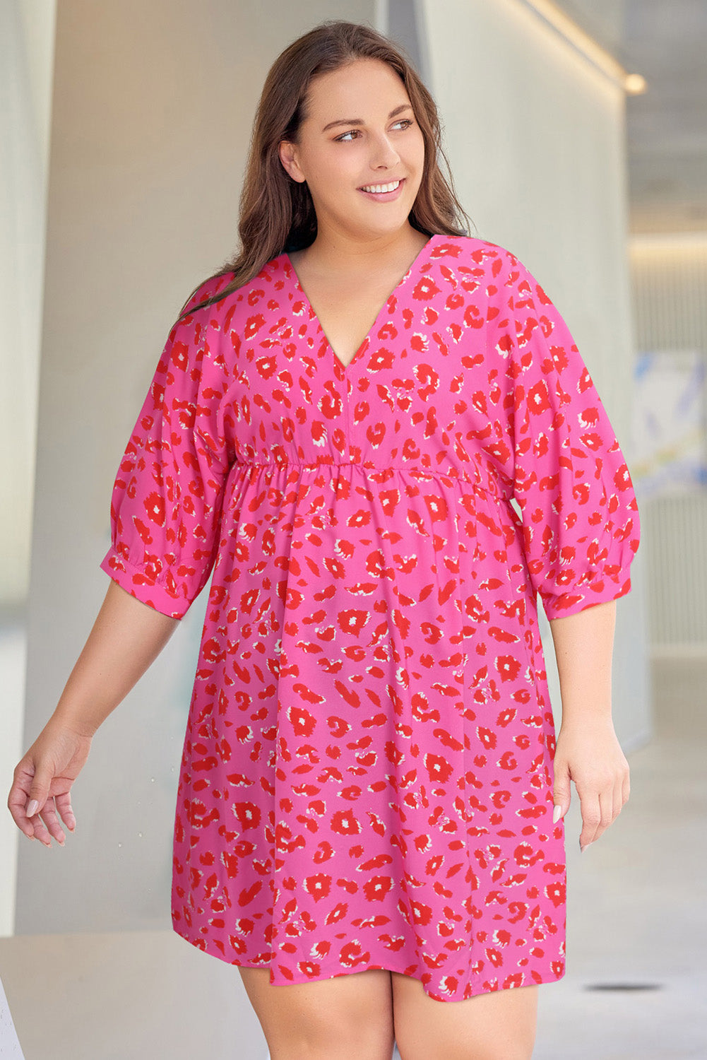 Plus size pink leopard dress: front