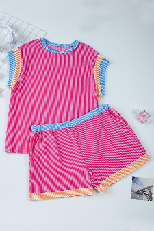 Bright Pink Textured Knit Contrast Trim Plus Shorts Set