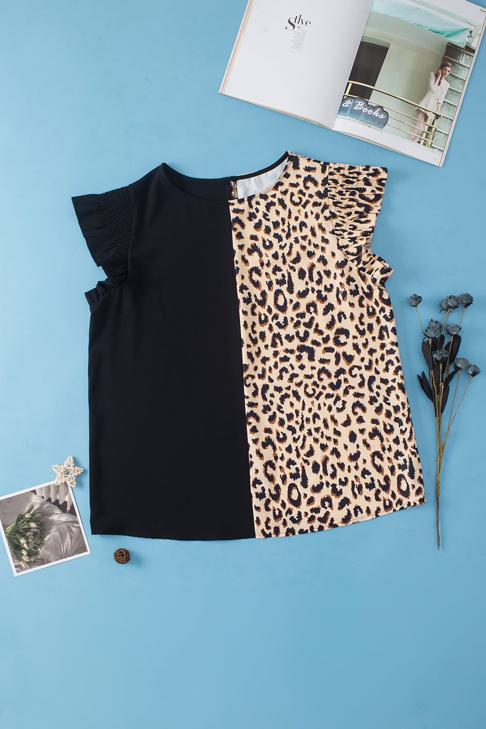 Black leopard flutter sleeve plus size top: front