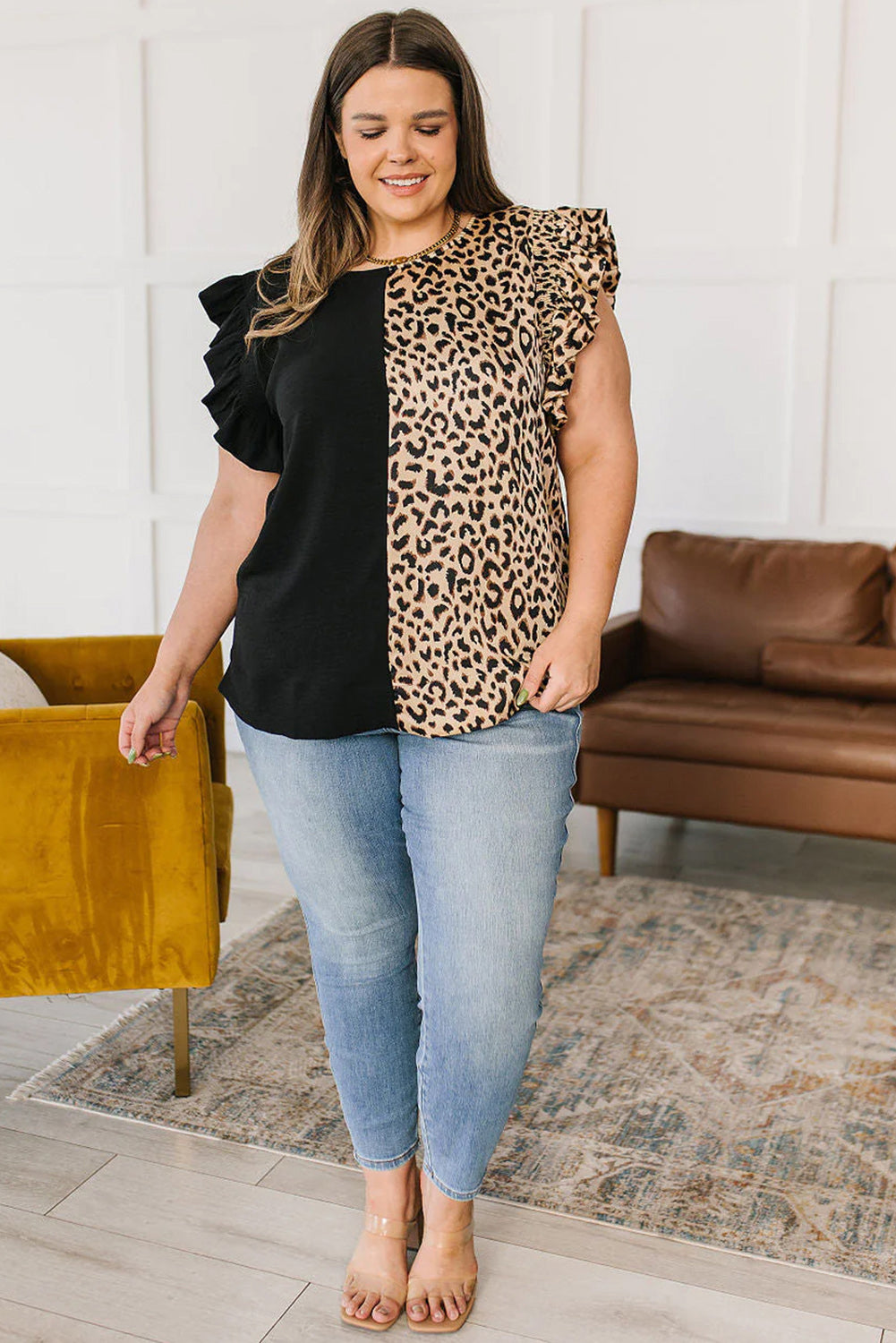 Black leopard flutter sleeve plus size top: front